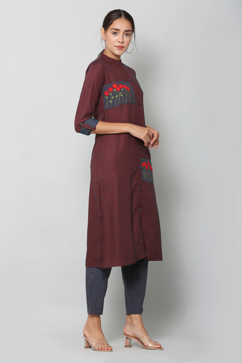 Embroidery Maroon Kurta and Pant Set