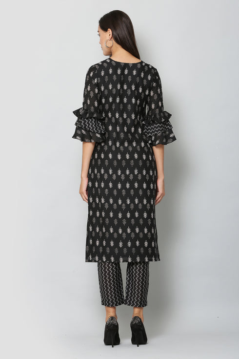 Women Kurta and Pant Set Muslin – Black
