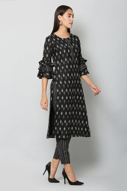 Women Kurta and Pant Set Muslin – Black