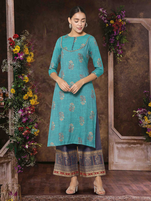 Women Kurta and Palazzo Set Rayon – Blue