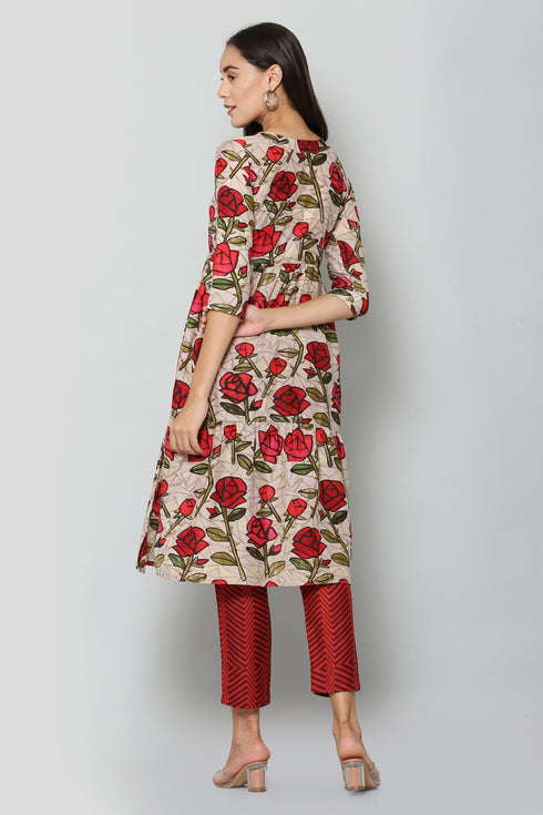 Women Kurta and Pant Set Muslin – Beige