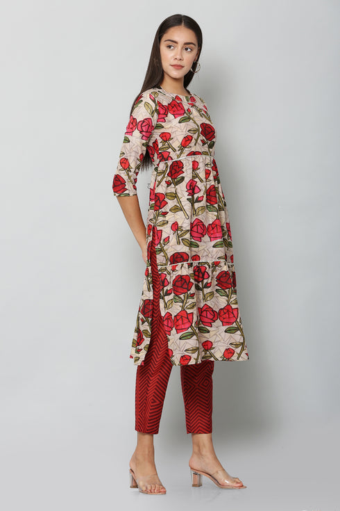 Women Kurta and Pant Set Muslin – Beige