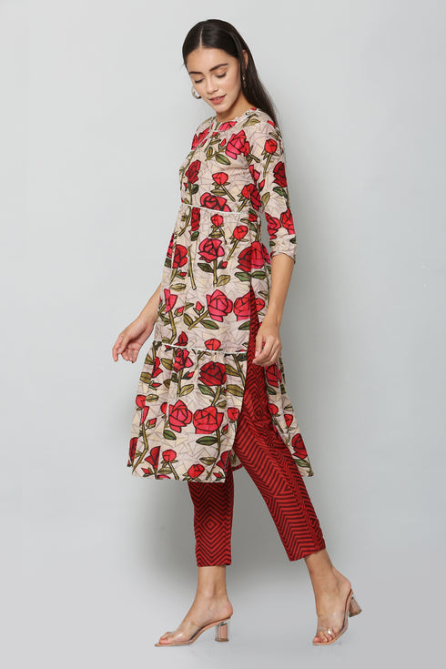 Women Kurta and Pant Set Muslin – Beige