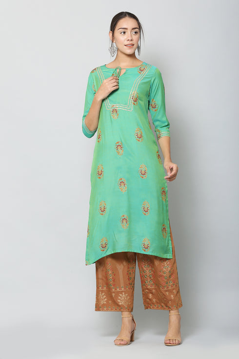 Women Kurta and Palazzo Set Muslin (Green)