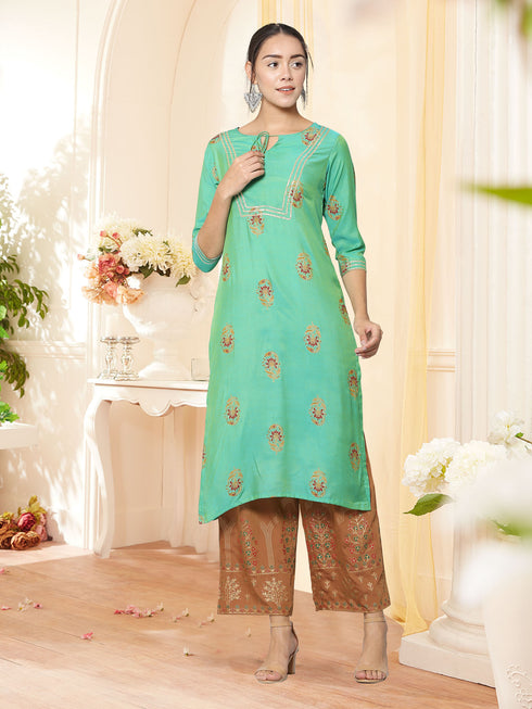 Women Kurta and Palazzo Set Muslin (Green)
