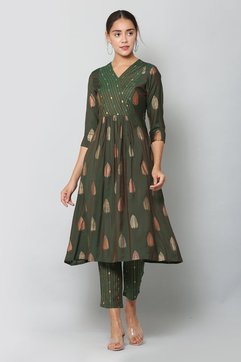 Women Kurta and Pant Set Muslin – Green