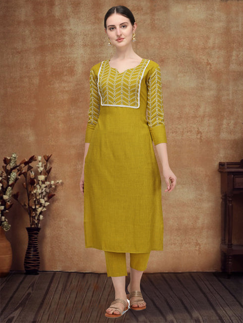 Women Sifly Work Kurta and Pant Set - Yellow