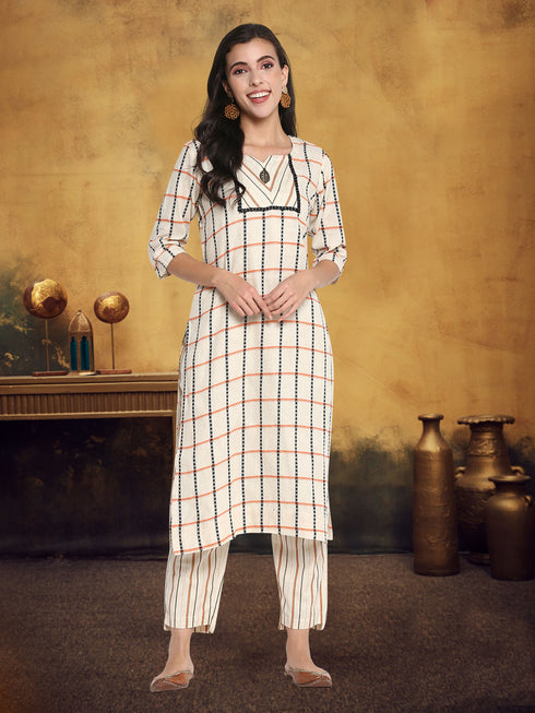 Women Cotton Checkered A Line Kurta Trouser Set