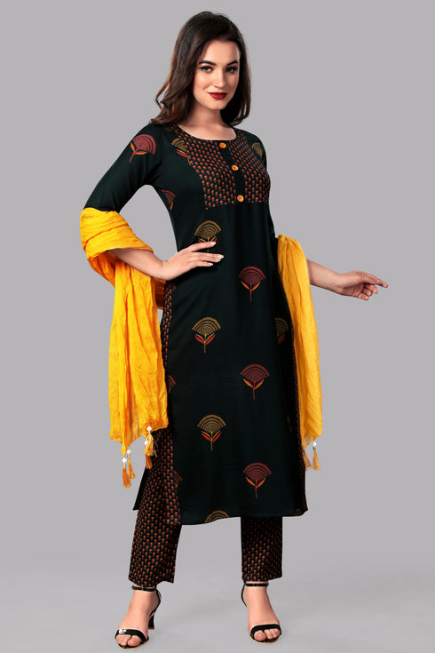 Rayon Green Printed Kurta Pant with Dupatta Set
