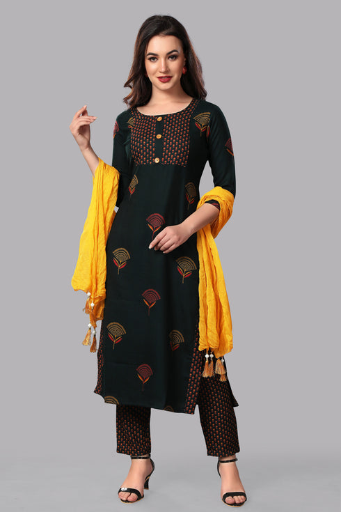 Rayon Green Printed Kurta Pant with Dupatta Set