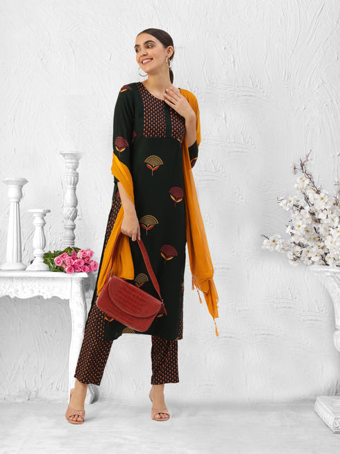Rayon Green Printed Kurta Pant with Dupatta Set
