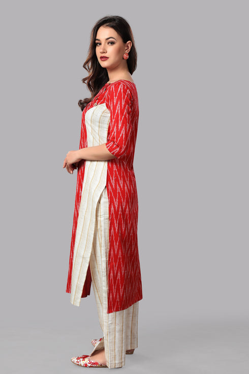 Women Cotton Ikkat Kurta Set With Chiffon Dupatta