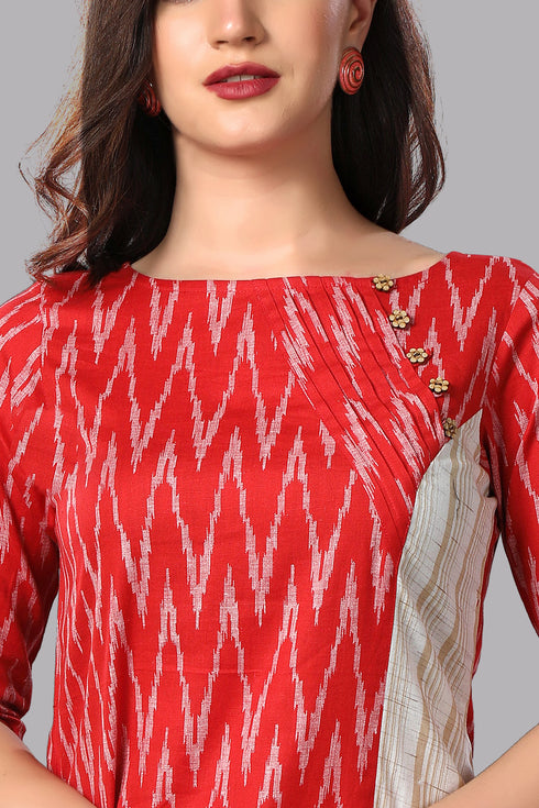 Women Cotton Ikkat Kurta Set With Chiffon Dupatta