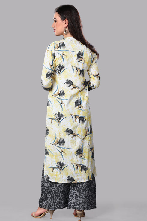 Women Yellow Printed Rayon Foil With Dupatta Kurta Set