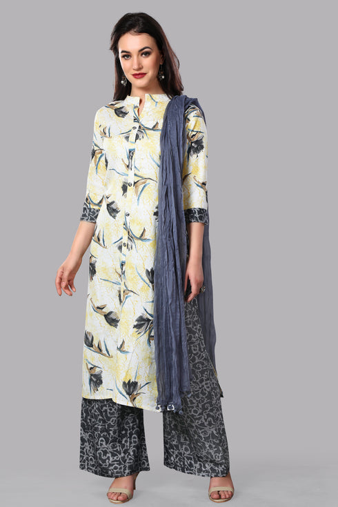 Women Yellow Printed Rayon Foil With Dupatta Kurta Set