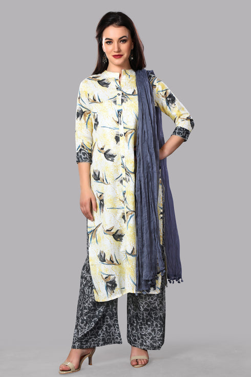 Women Yellow Printed Rayon Foil With Dupatta Kurta Set