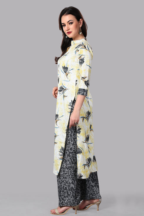 Women Yellow Printed Rayon Foil With Dupatta Kurta Set