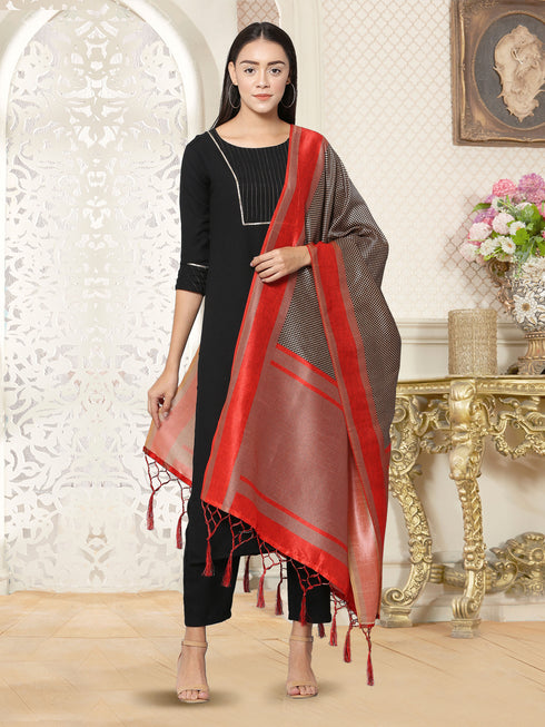 Vaaba Rayon Blend Kurta Set With Dupatta - Black