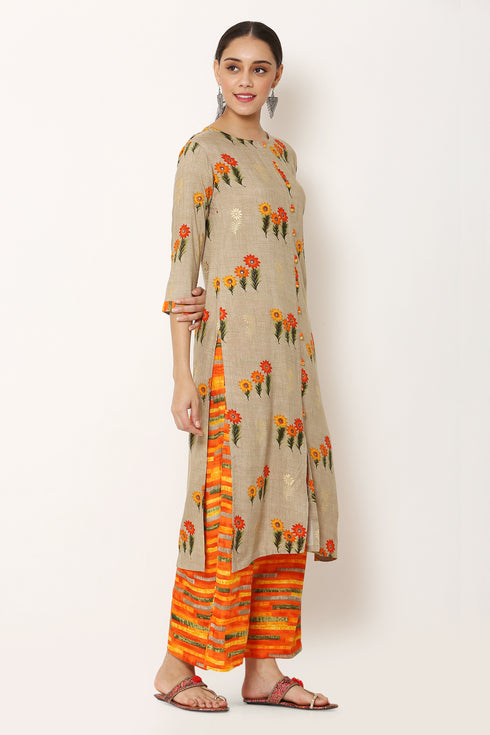 Women Kurta and Palazzo Set Rayon Foil - Orange