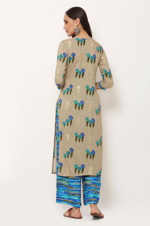 Women Kurta and Palazzo Set Rayon Foil – Blue