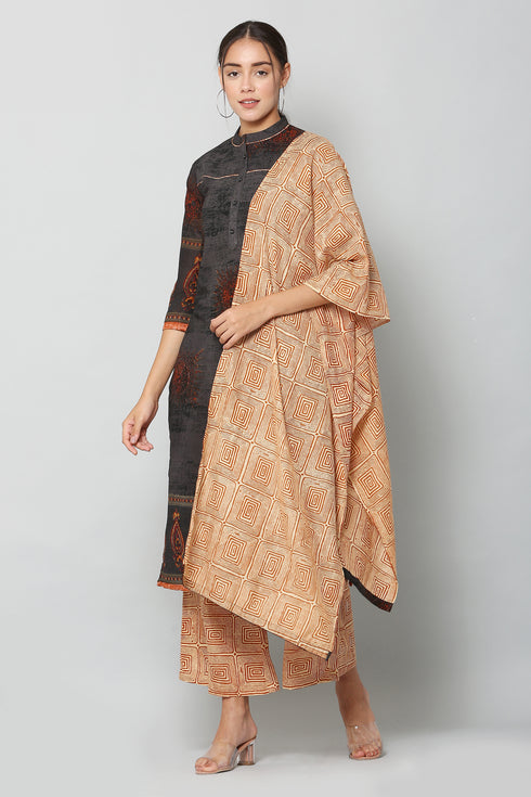 Women Kurta and Dupatta Set Muslin- Black