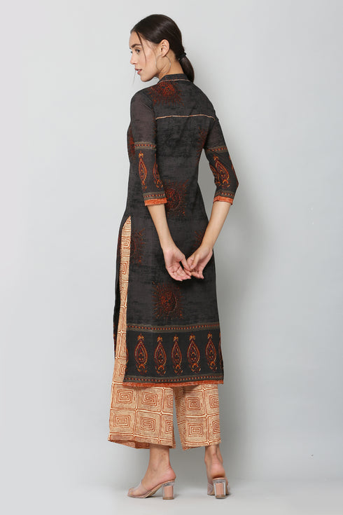 Women Kurta and Dupatta Set Muslin- Black