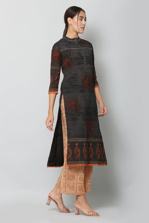 Women Kurta and Dupatta Set Muslin- Black