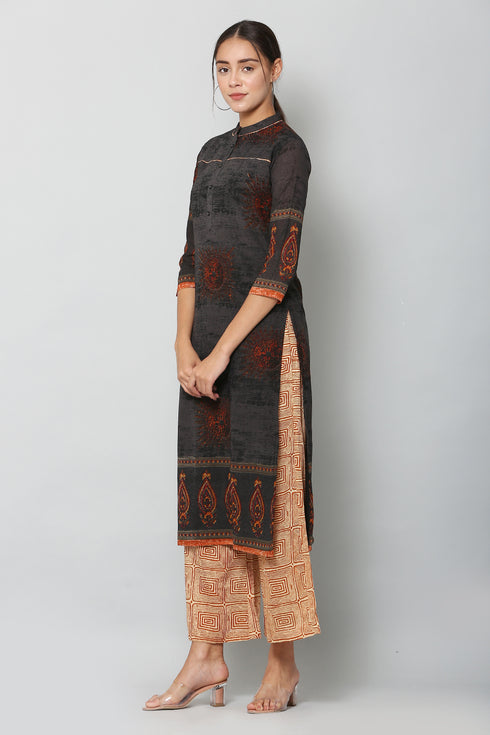 Women Kurta and Dupatta Set Muslin- Black