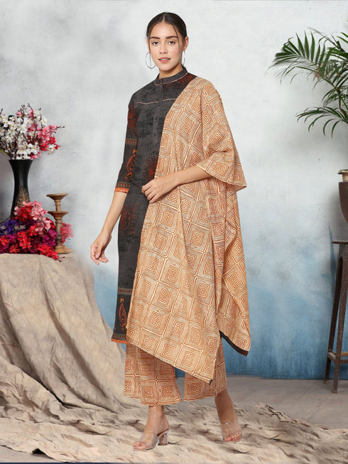 Women Kurta and Dupatta Set Muslin- Black