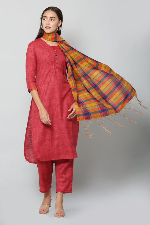 Women Kurta and Dupatta Set Cotton Blend - Maroon