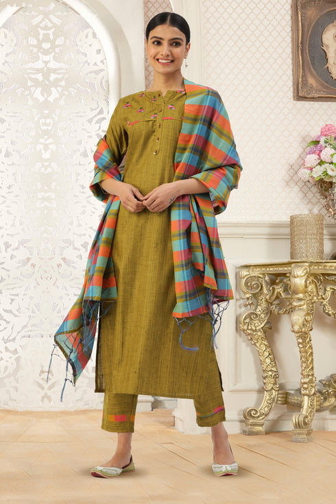 Women Kurta and Dupatta Set Cotton Blend (Green)