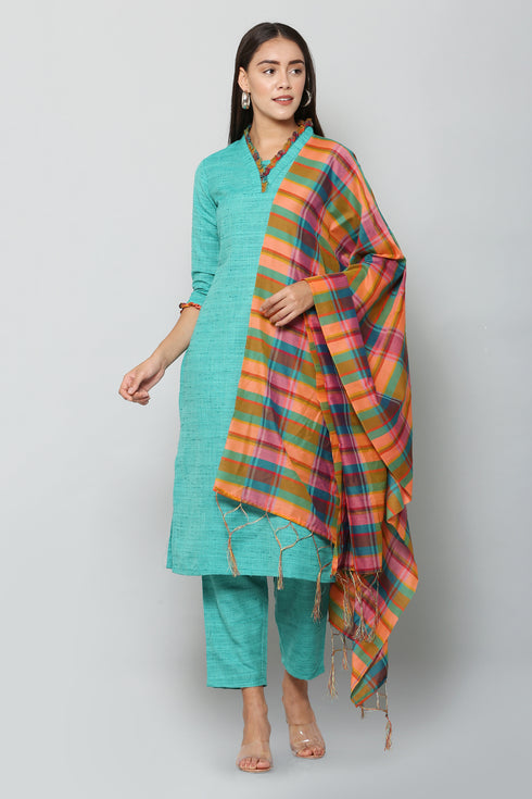 Women Kurta and Dupatta Set Cotton Blend (Blue)