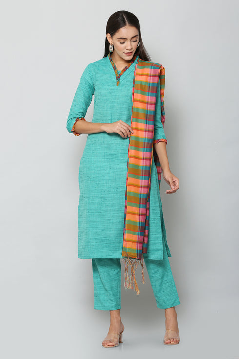Women Kurta and Dupatta Set Cotton Blend (Blue)