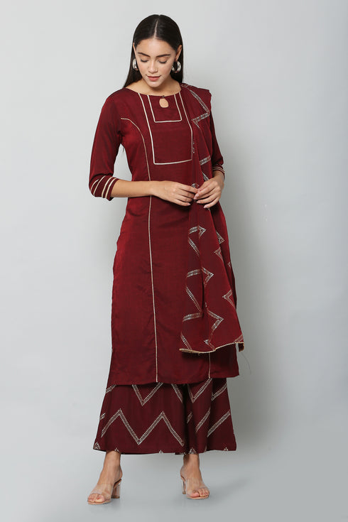 Women Kurta and Dupatta Set Cotton Blend (Maroon)