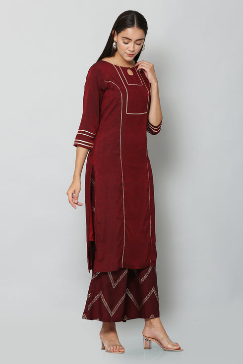 Women Kurta and Dupatta Set Cotton Blend (Maroon)
