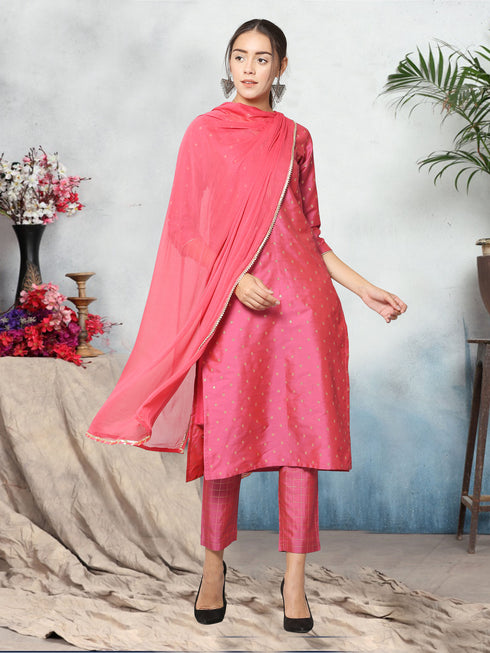 Women Taffeta Kurta Set With Dupatta (Pink)