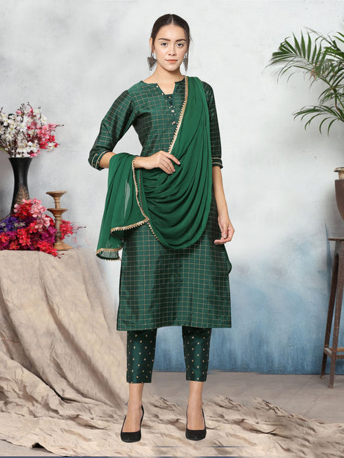 Women Taffeta Kurta Set With Dupatta (Green)