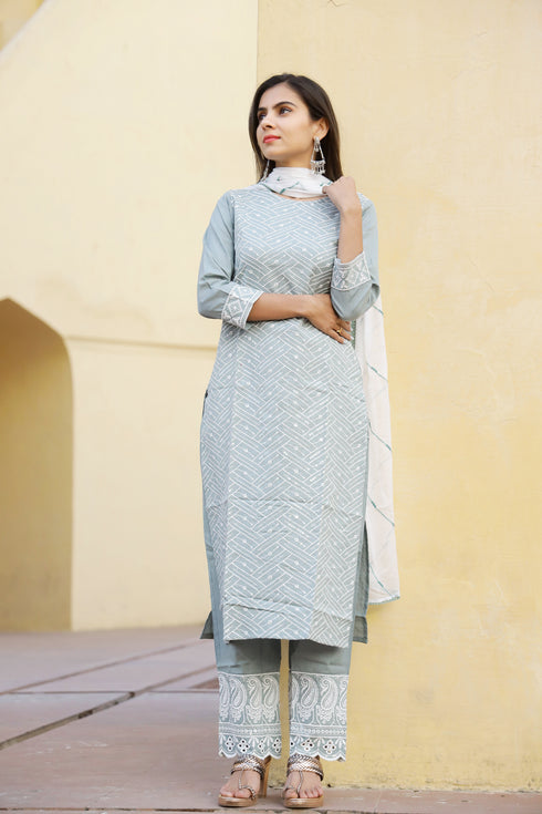 Lakhnavi Cotton Flex Embroidery grey Suit Set