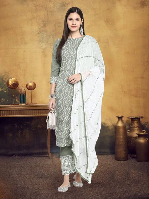 Lakhnavi Cotton Flex Embroidery grey Suit Set