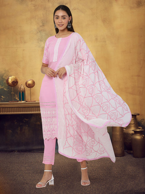 Embroidery Straight Pink Kurta, Pant with dupatta set