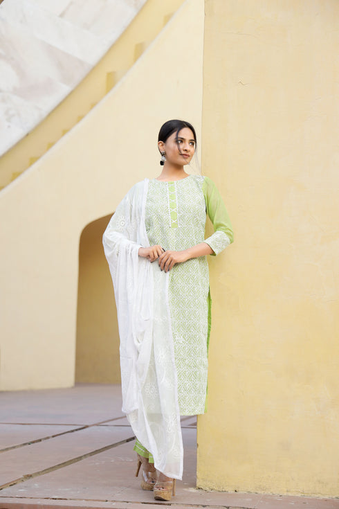 Embroidery Straight Green Kurta Pant & dupatta Set