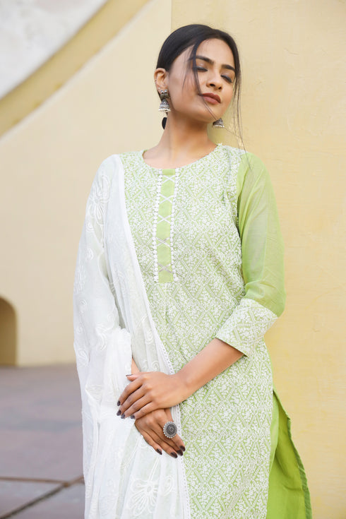 Embroidery Straight Green Kurta Pant & dupatta Set