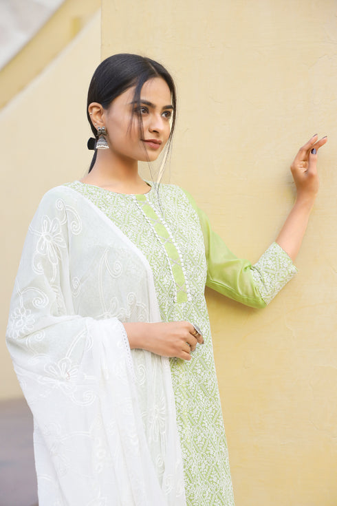 Embroidery Straight Green Kurta Pant & dupatta Set