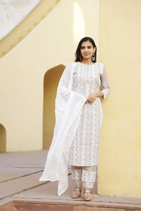 Embroidery Straight Grey Kurta Pant & dupatta Set