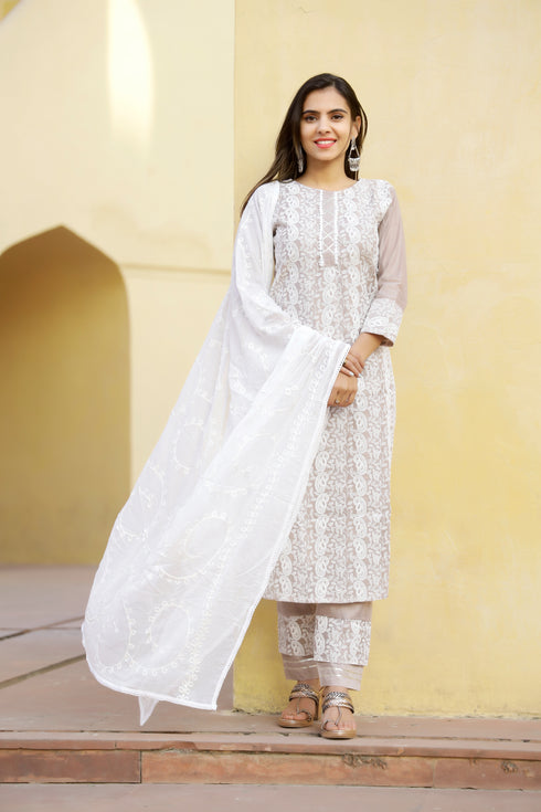 Embroidery Straight Grey Kurta Pant & dupatta Set