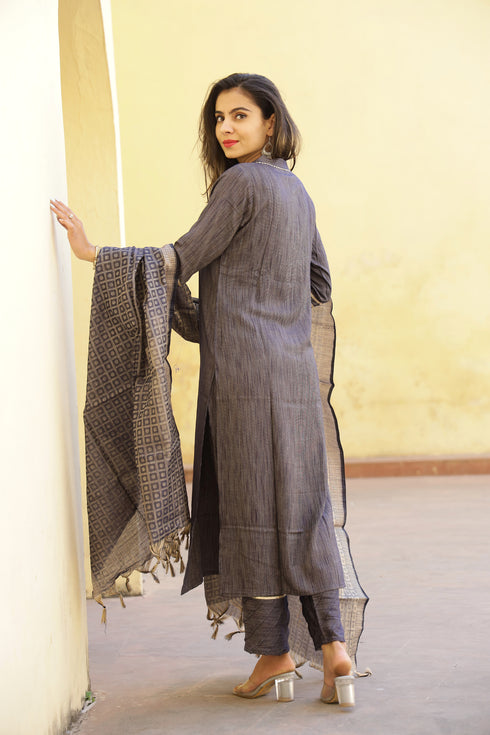 Solid Grey Straight Kurta Pant And Dupatta Set
