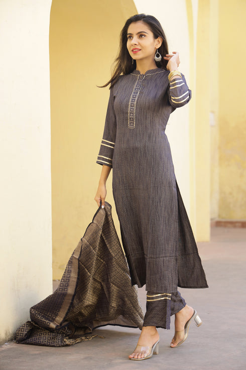 Solid Grey Straight Kurta Pant And Dupatta Set