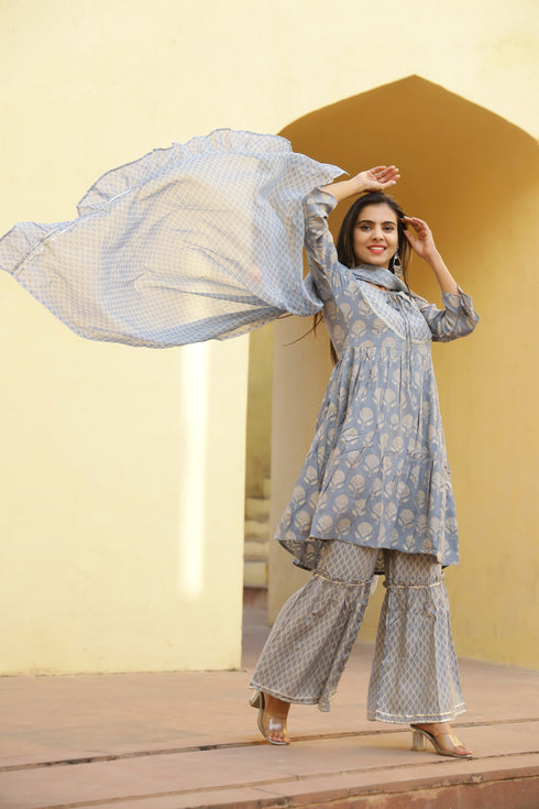 Muslin Foil Printed Light Blue Kurta Sharara With Dupatta