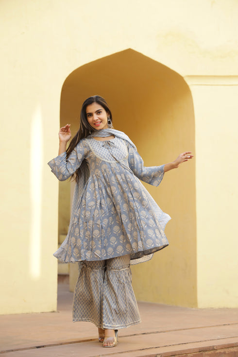 Muslin Foil Printed Light Blue Kurta Sharara With Dupatta