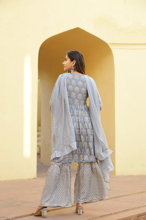 Muslin Foil Printed Light Blue Kurta Sharara With Dupatta